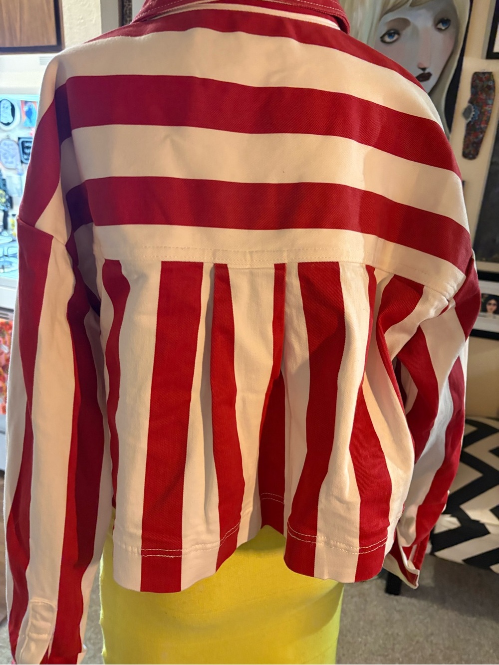 English Factory Crop Red & White Striped Denim Jacket M - Picture 5 of 6